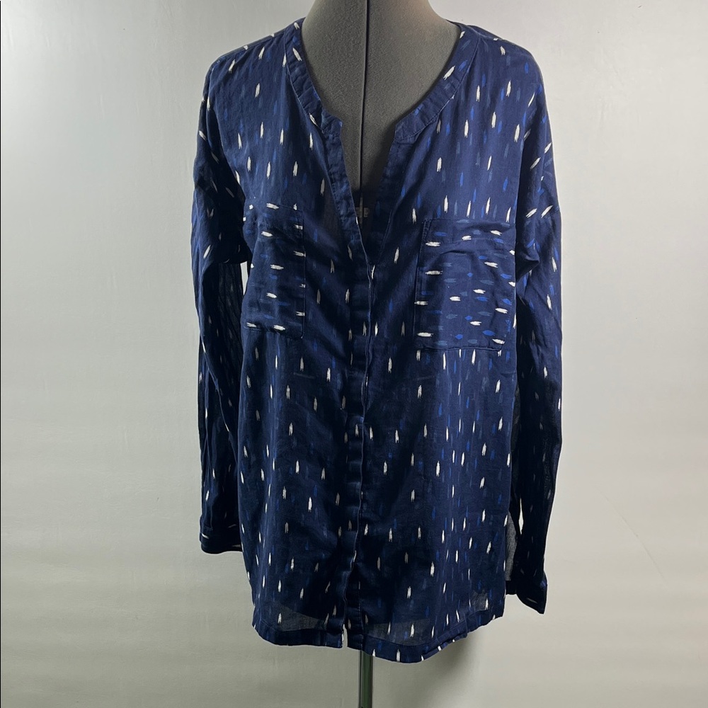 Old Navy Blouse Women Size L Navy & White Button Front Long Sleeves Lightweight